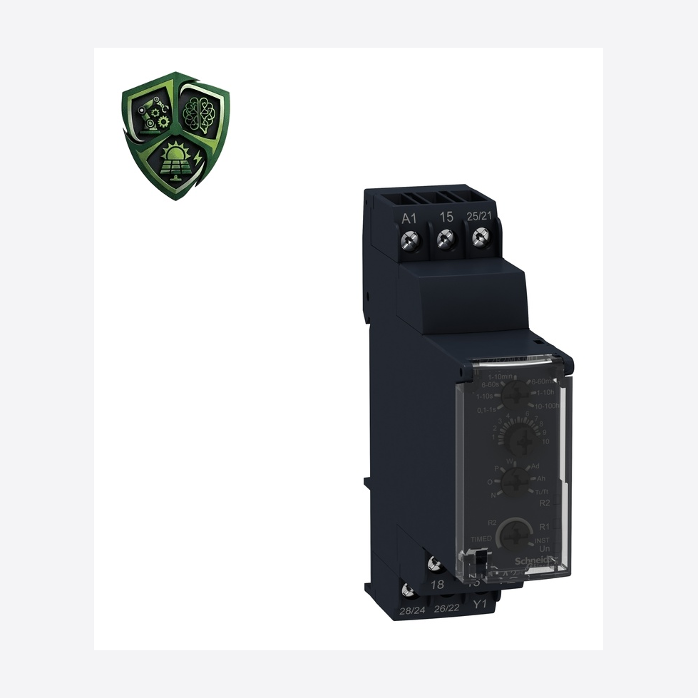 رله حفاظت، ⁦Schneider Electric⁩، مدل ⁦RE22R2MJU⁩، جریان خروجی ⁦8 A⁩، تغذیه ⁦12 V AC/DC⁩، IP40.