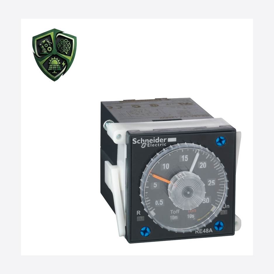 رله حفاظت، ⁦Schneider Electric⁩، مدل ⁦RE48ACV12MW⁩، جریان نامی ⁦5 A⁩، خروجی ⁦240 V at 5 A AC-12⁩، تغذیه ⁦24…240 V AC/DC 50/60 Hz⁩.