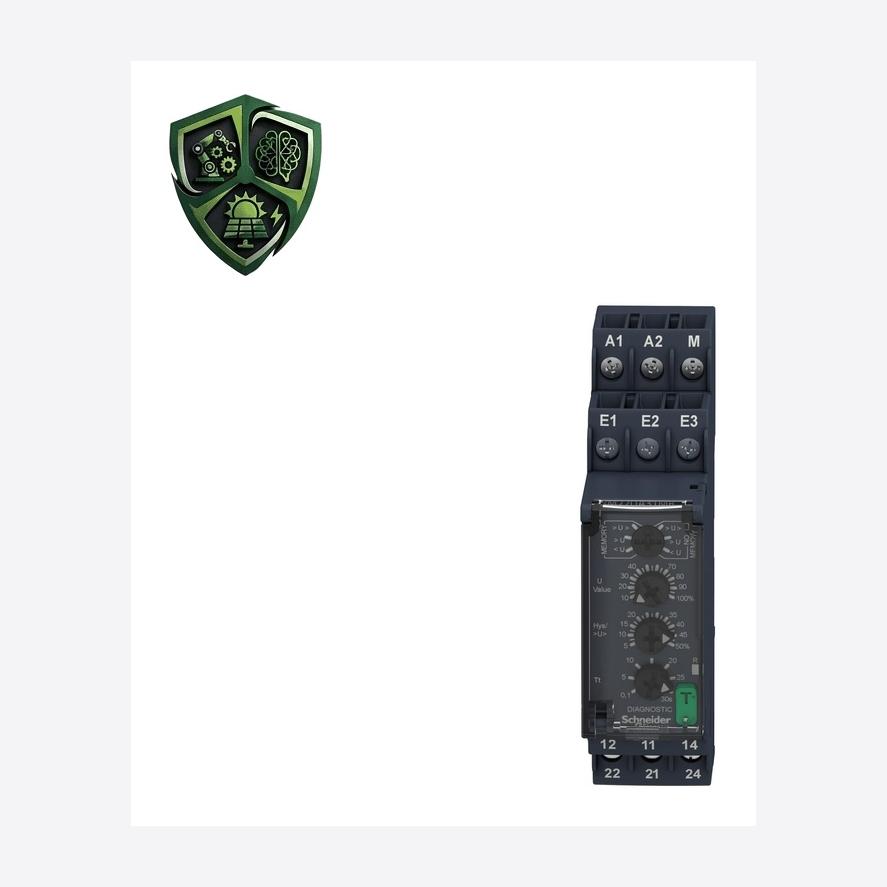 رله حفاظت، ⁦Schneider Electric⁩، مدل ⁦RM22UA31MR⁩، جریان خروجی ⁦8 A⁩، تغذیه ⁦24…240 V AC/DC 50/60 Hz, non self-powered⁩، IP20.
