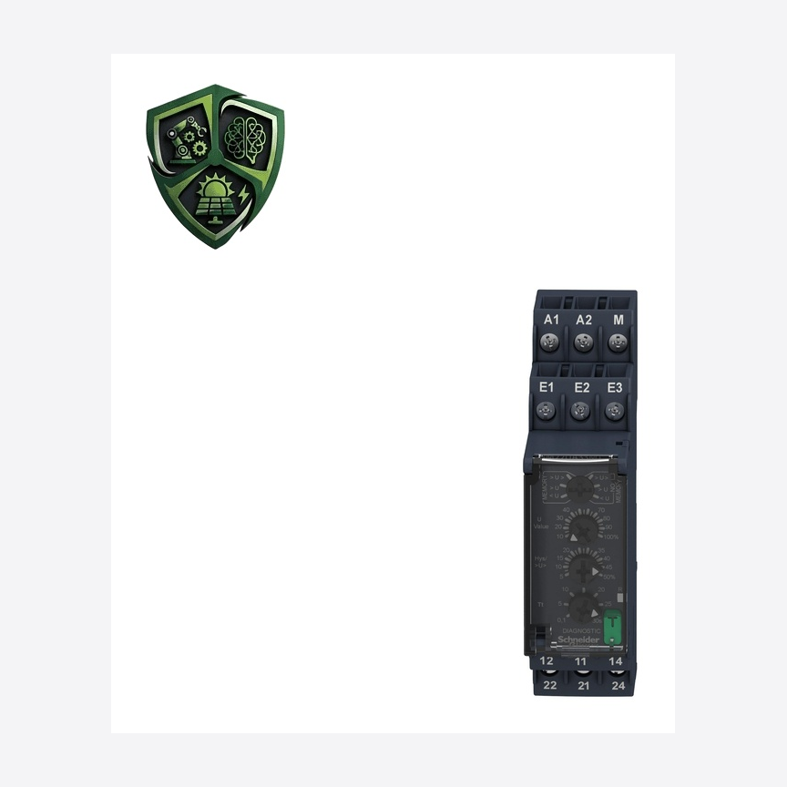 رله حفاظت، ⁦Schneider Electric⁩، مدل ⁦RM22UA33MT⁩، جریان خروجی ⁦8 A⁩، تغذیه ⁦380…415 V AC 50/60 Hz, non self-powered⁩، IP20.