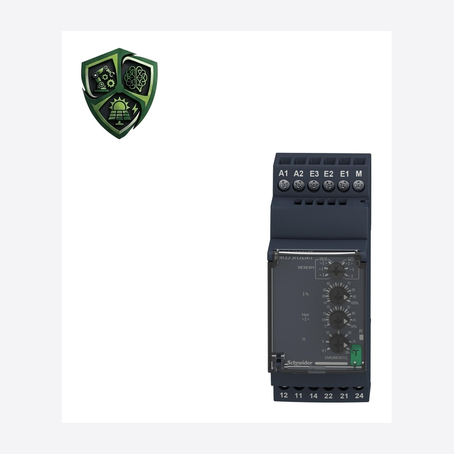 رله حفاظت، ⁦Schneider Electric⁩، مدل ⁦RM35JA32MT⁩، جریان خروجی ⁦8 A⁩، تغذیه ⁦380…415 V AC 50/60 Hz, non self-powered⁩، IP20.