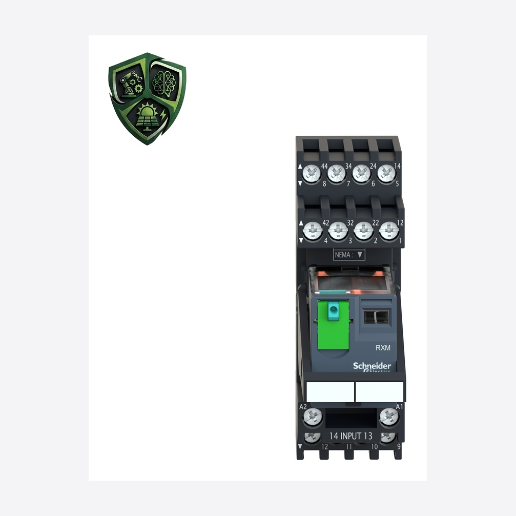 رله، ⁦Schneider Electric⁩، مدل ⁦RXM4AB1BDPVM⁩، ولتاژ ⁦limits 19.2…26.4 V DC⁩، جریان ⁦3 A at 28 V NC conforming to IEC⁩، IP20.