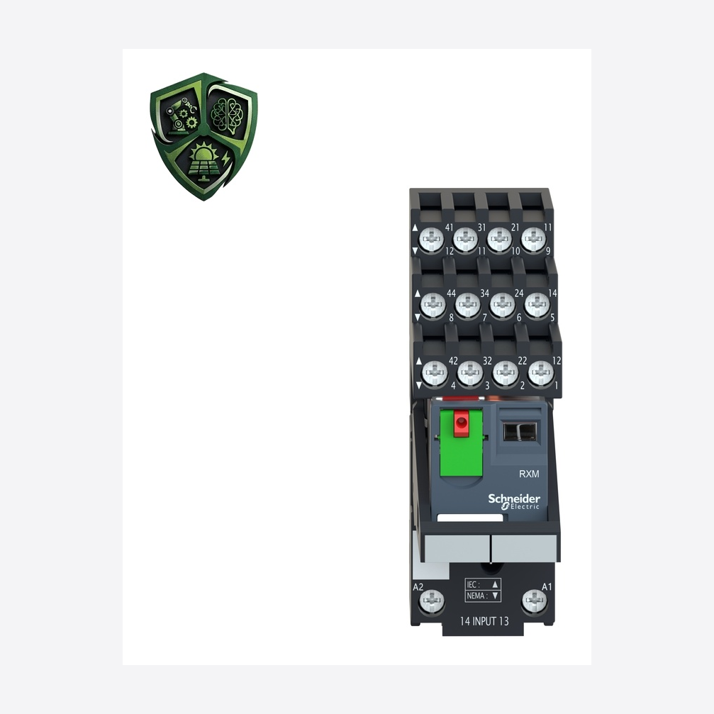 رله، ⁦Schneider Electric⁩، مدل ⁦RXM4AB2P7PVS⁩، ولتاژ ⁦limits 184…253 V AC⁩، جریان ⁦3 A at 28 V NC conforming to IEC⁩، IP20.