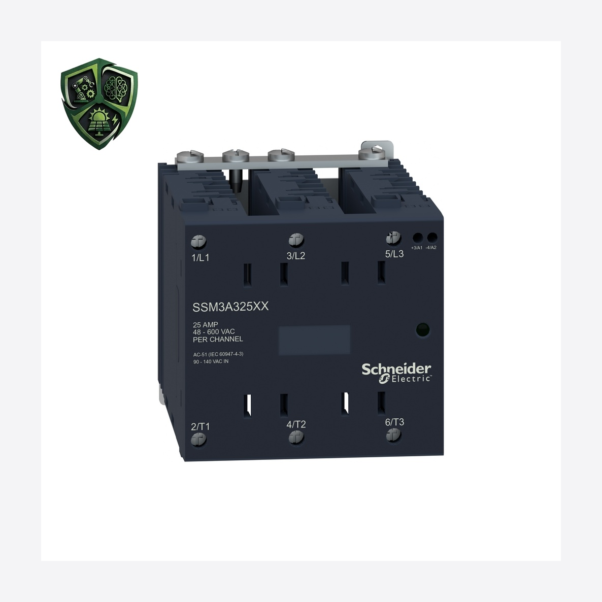 رله، ⁦Schneider Electric⁩، مدل ⁦SSM3A325F7⁩، جریان نامی ⁦25 A⁩، خروجی ⁦48…600 V AC⁩، توان 0.75 kW