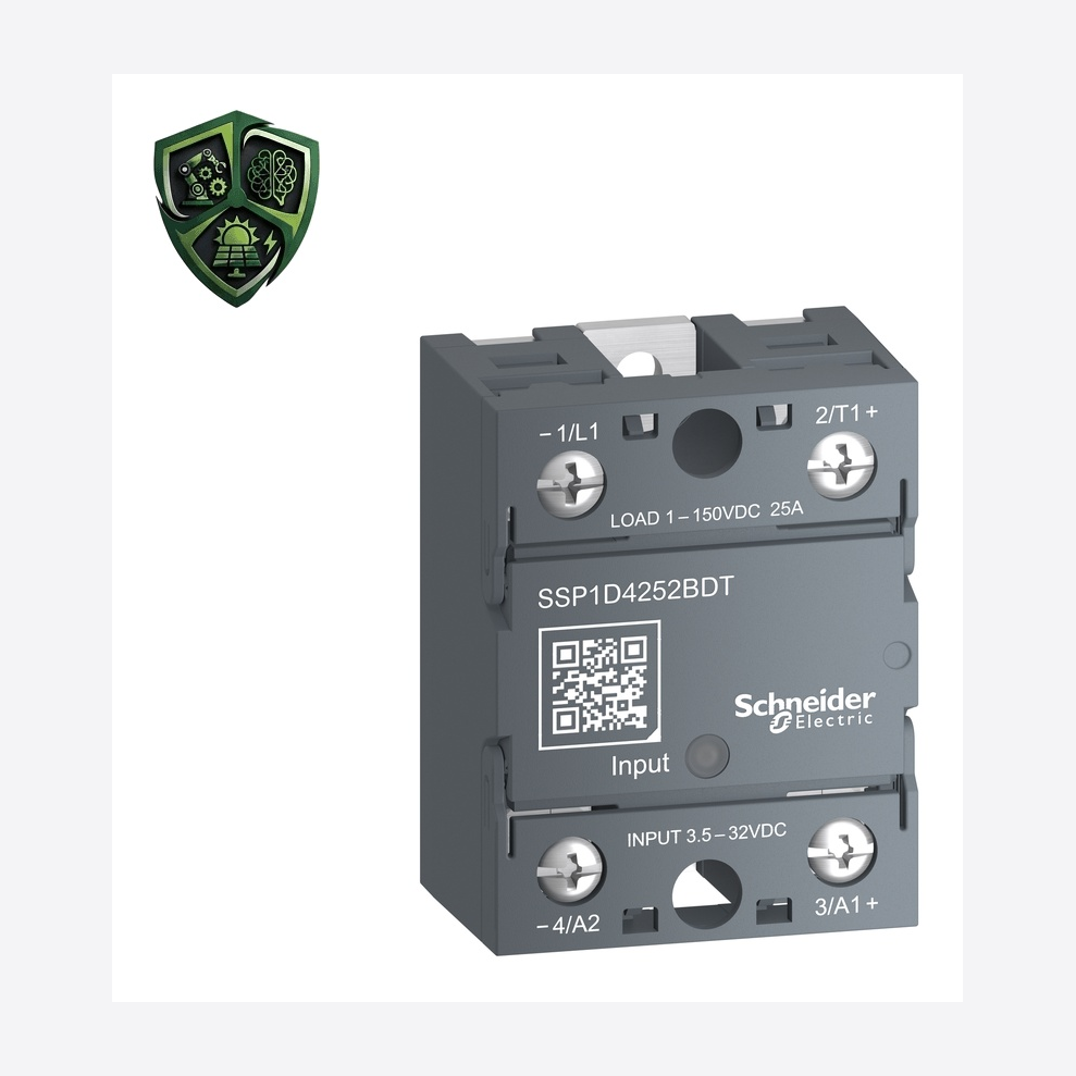 رله، ⁦Schneider Electric⁩، مدل ⁦SSP1D425BDT⁩، جریان نامی ⁦25 A⁩، خروجی ⁦1…150 V DC⁩، IP20.